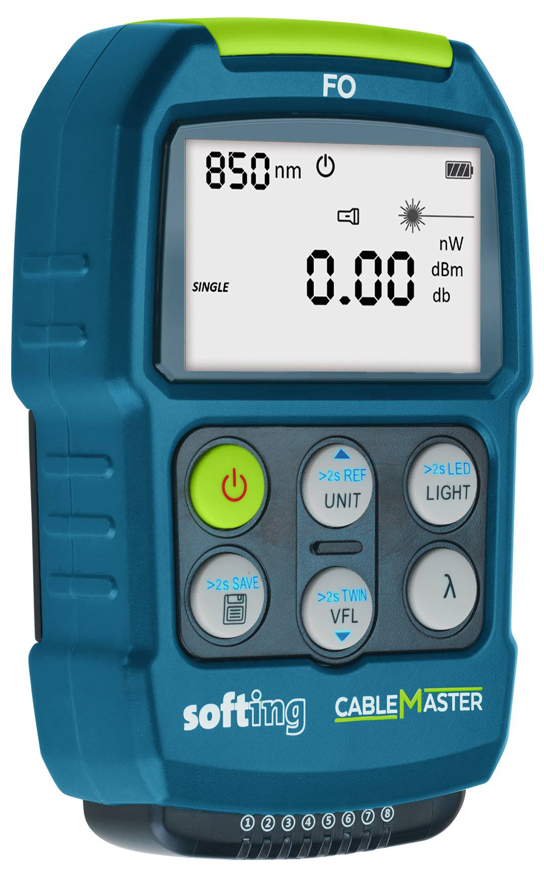Håndholdt Softing CableMaster FO fiber-optisk effektmåler med digitalt display, der viser 850 nm og 0,00 aflæsning, plus kontrolknapper.