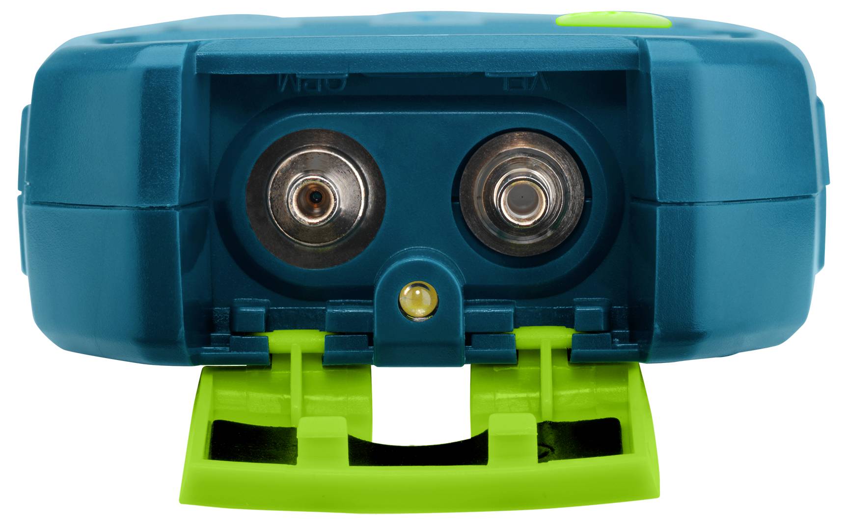 Frontalvisning af en blågrøn og limegrøn robotlegetøj med to store øjne og en lille sensor/lys, isoleret på en hvid baggrund.
