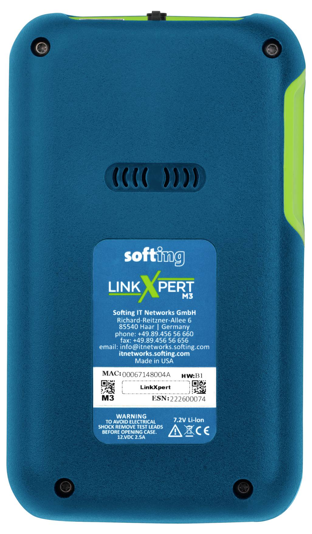 Bagside af en blå Softing LINXPERT M3 industriel netværksenhed med etiket, ventilationshuller, monteringsskruer og limegrøn sideaccent.