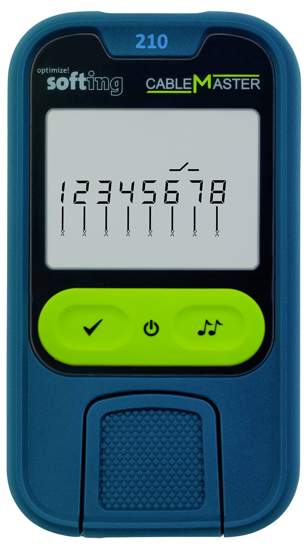 Håndholdt kabelprøver, der viser '12345678' på displayet, med kontrol-, strøm- og musikknapper nedenunder.