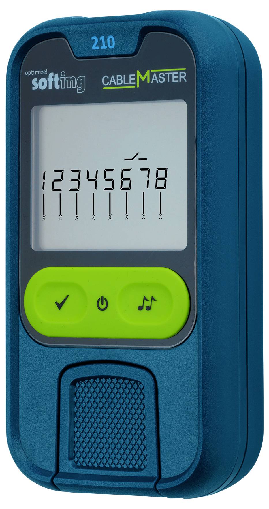 Håndholdt blåt kabeltest-apparat med etiketten 'CableMaster 210' med en display, der viser 12345678, og grønne kontrolknapper nedenunder.