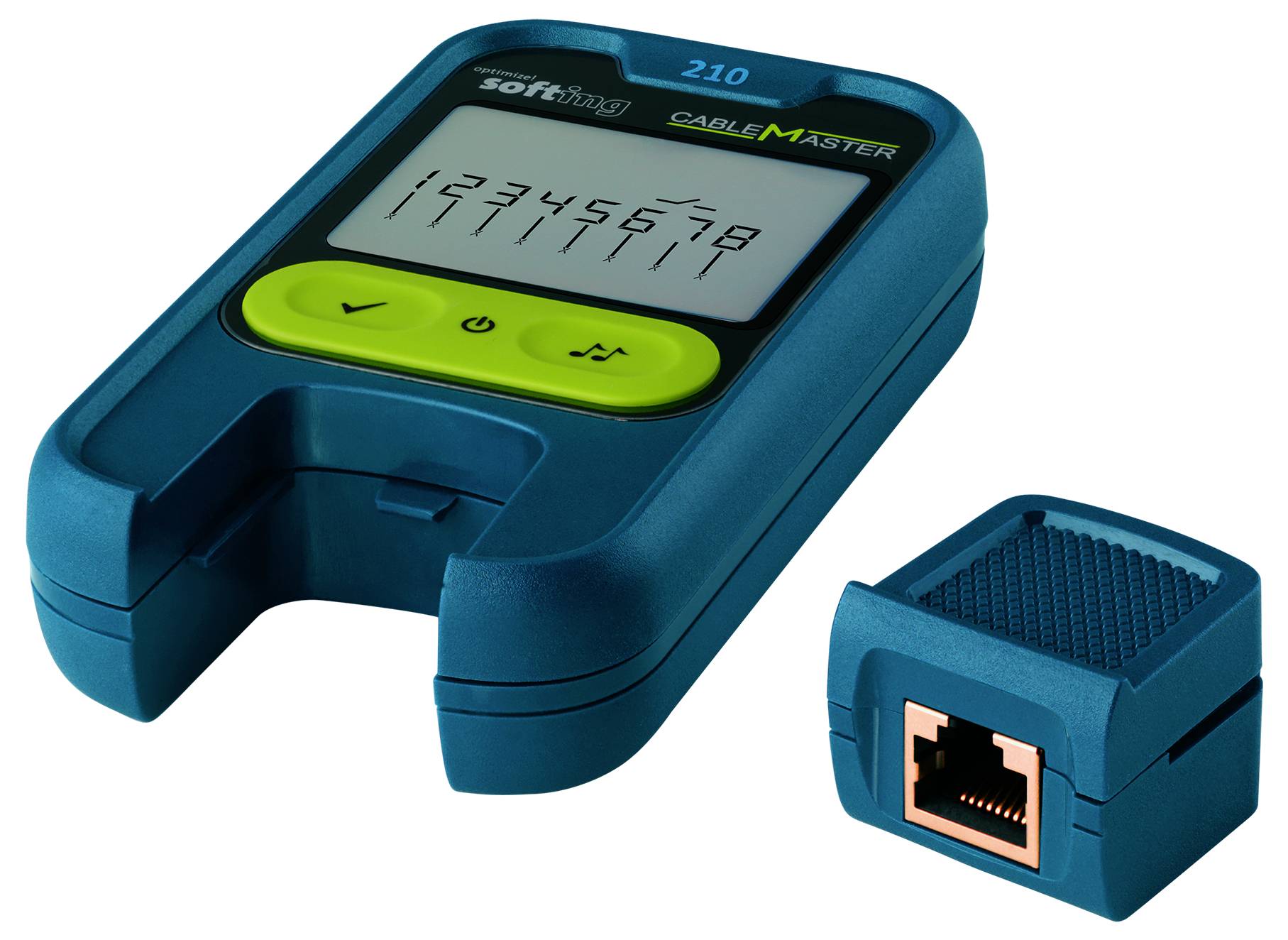 Kabeltest-enhed mærket 'Softing CableMaster' med display og knapper, vist sammen med et separat RJ45-adaptmodul.