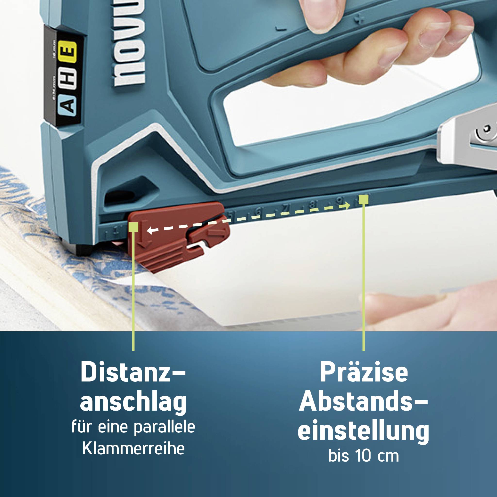 Et værktøj, der muliggør præcise indstillinger op til 10 cm. Det viser en mekanisme til nøjagtig afstandsbestemmelse for klammerrækkerne.