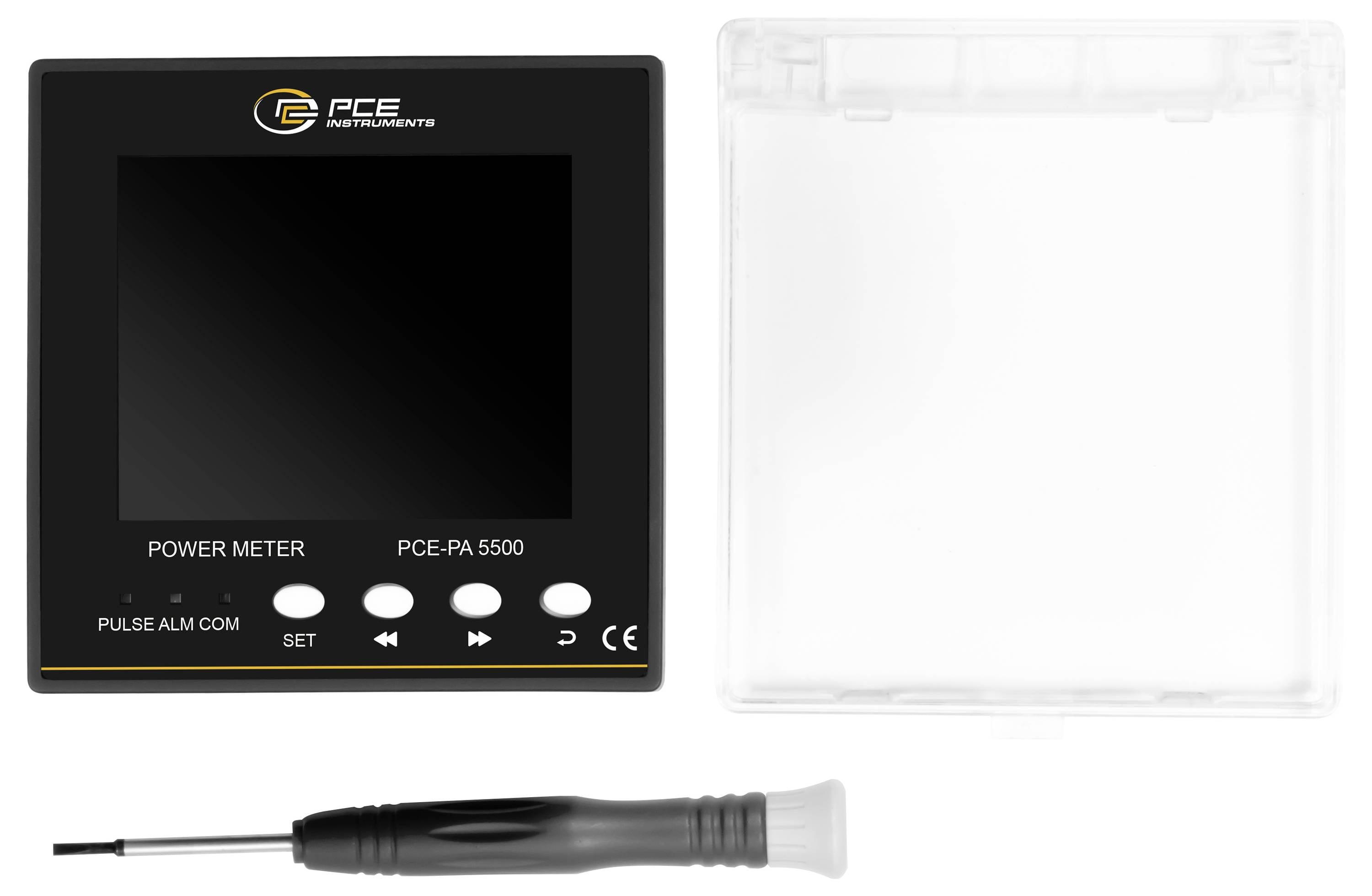 PCE Instruments strømmåler med tomt display, klar beskyttelsescover og sondekabel-tilbehør vist på hvid baggrund.