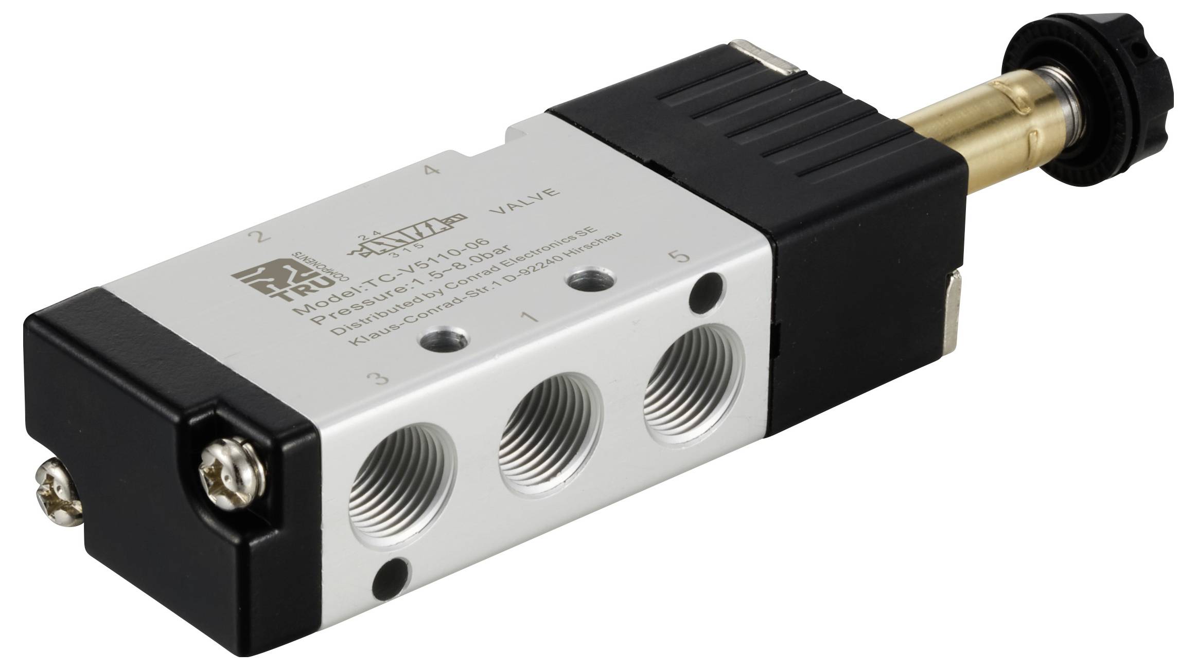 Pneumatisk ventil med fire tilslutningsåbninger og et drejeligt håndtag til styring af luftstrømmen, typisk brugt i industrielle enheder.