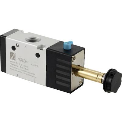 Et ventil med påskrifterne 'Model: TC-V3210-08' og 'Tryk: 1.5-8.0 bar', sølv-sort, med en blå løftestang.