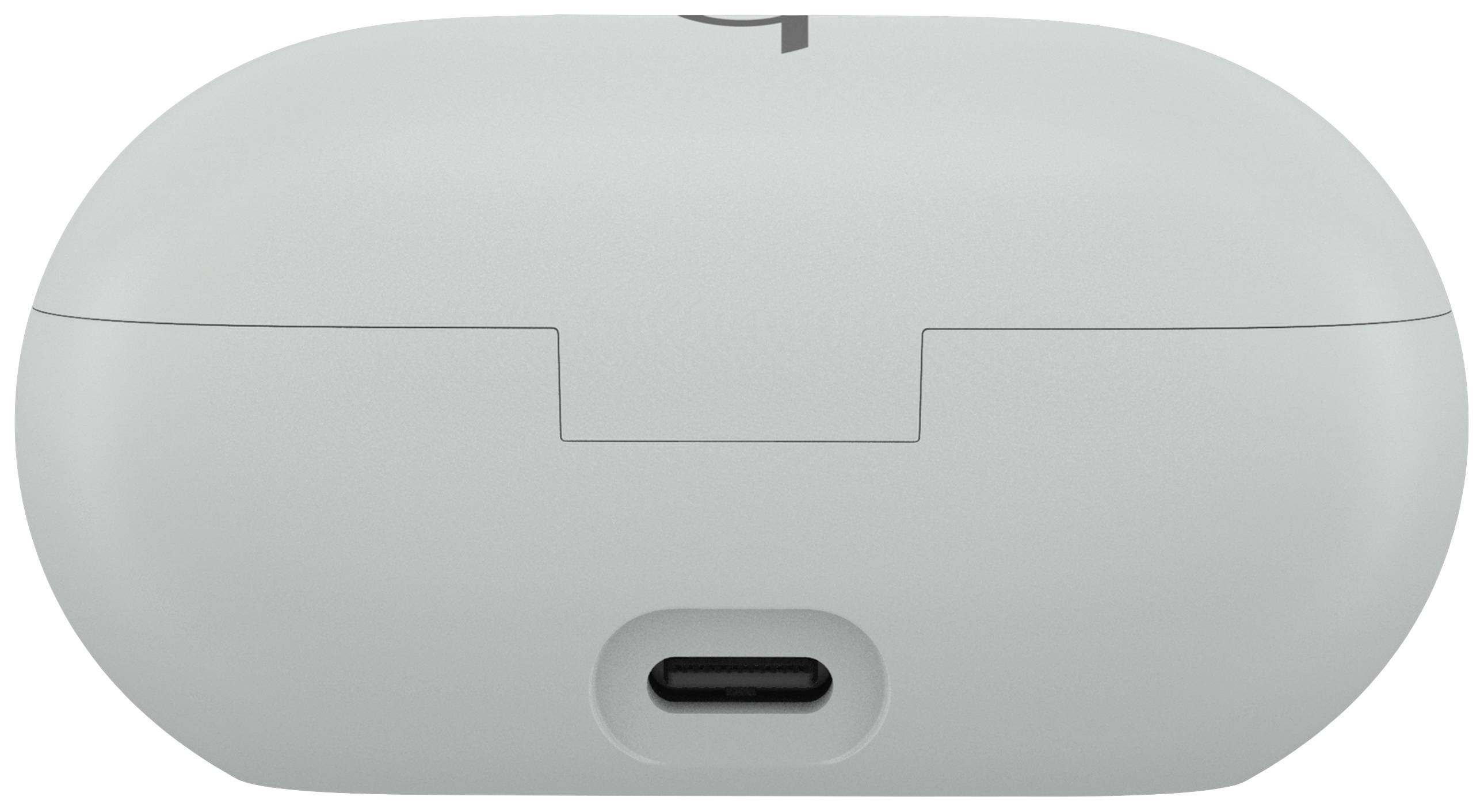 Billedet viser bagsiden af et lysegrå elektronisk opladningsetui med et USB-C-stik i midten.