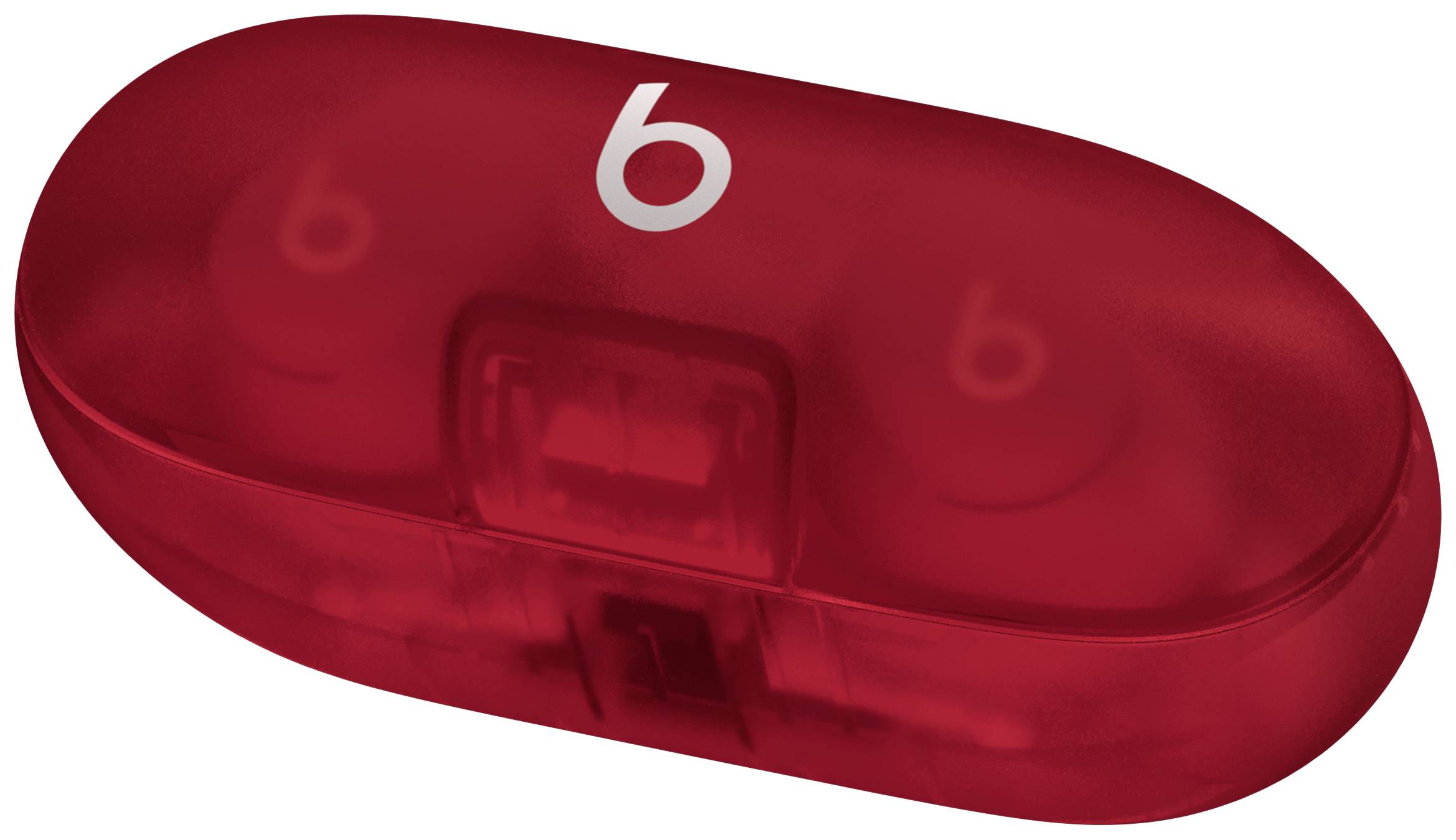 Rund, oval opladningsetui til trådløse øretelefoner med et hvidt 'b'-logo på. Etuiet viser to øretelefoner indvendigt.