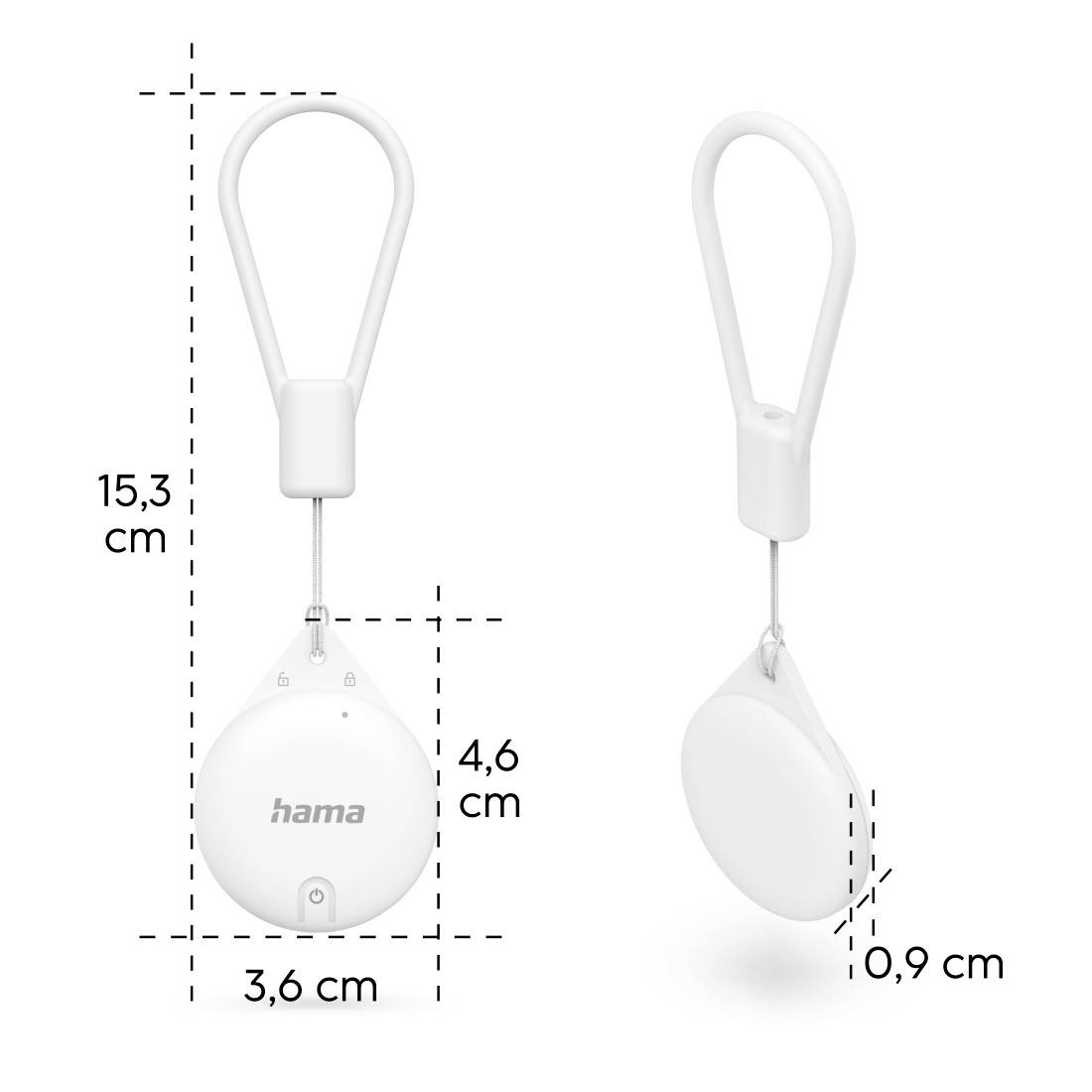 To billeder af en hvid tyverisikret skærm med dimensioner: venstre med 15,3 cm x 3,6 cm x 4,6 cm, højre med 0,9 cm tykkelse.