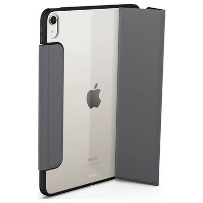 Apple iPad Air i etui i mørkegrå med foldedesign, vist delvis åbent med Apples logo synligt på bagsiden.
