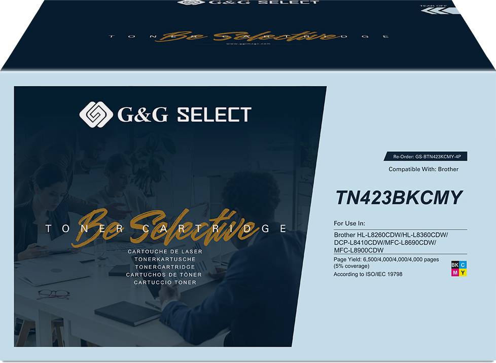 En emballage til G&G Select Toner med påskriften 'Vær Selektiv' og kompatibilitet med Brother-printere, model TN423BKCMY.