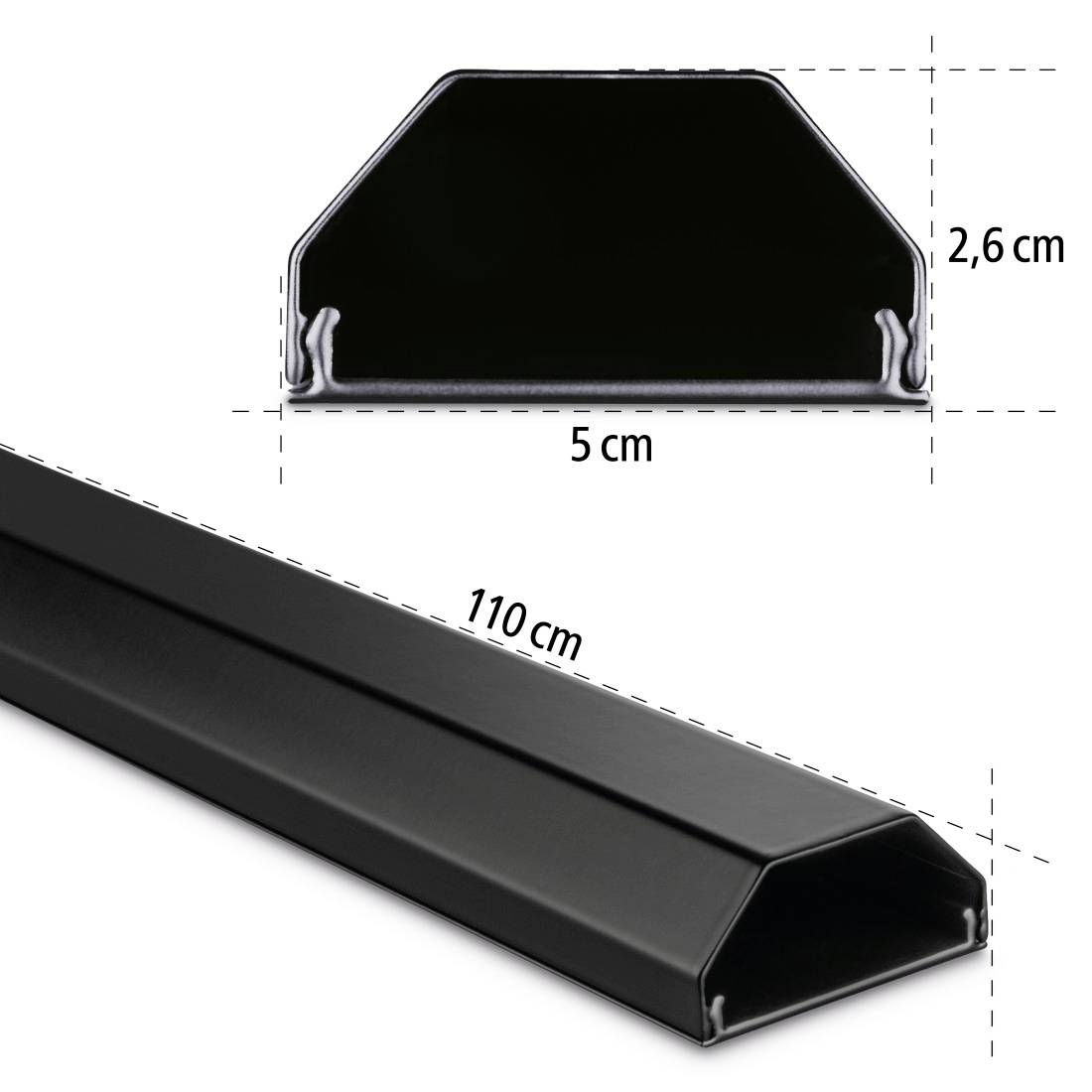 Et sort, trapezformet metalrør, 110 cm langt, 5 cm bredt og 2,6 cm højt, vises fra to perspektiver.