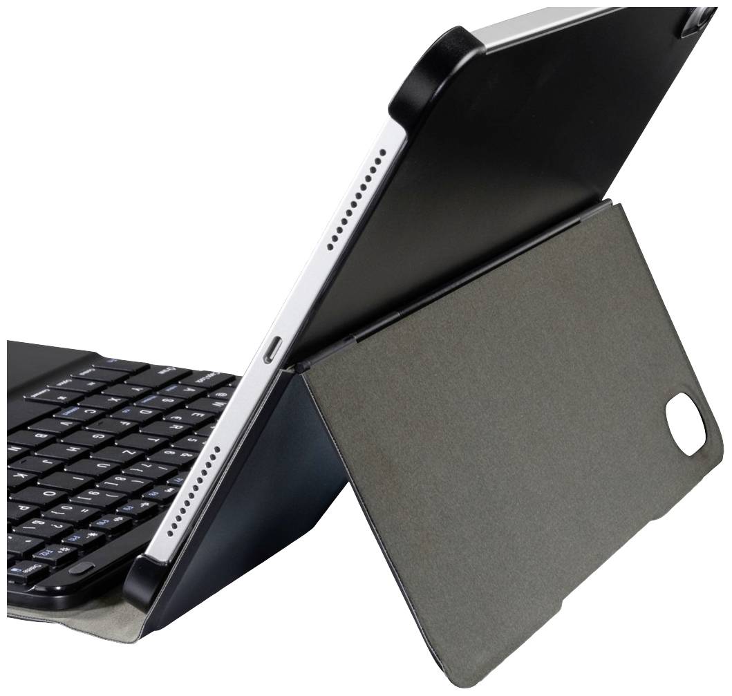 Et tablet i et etui med integreret stativ er tilsluttet et aftagelig tastatur. Perfekt til mobilt arbejde.