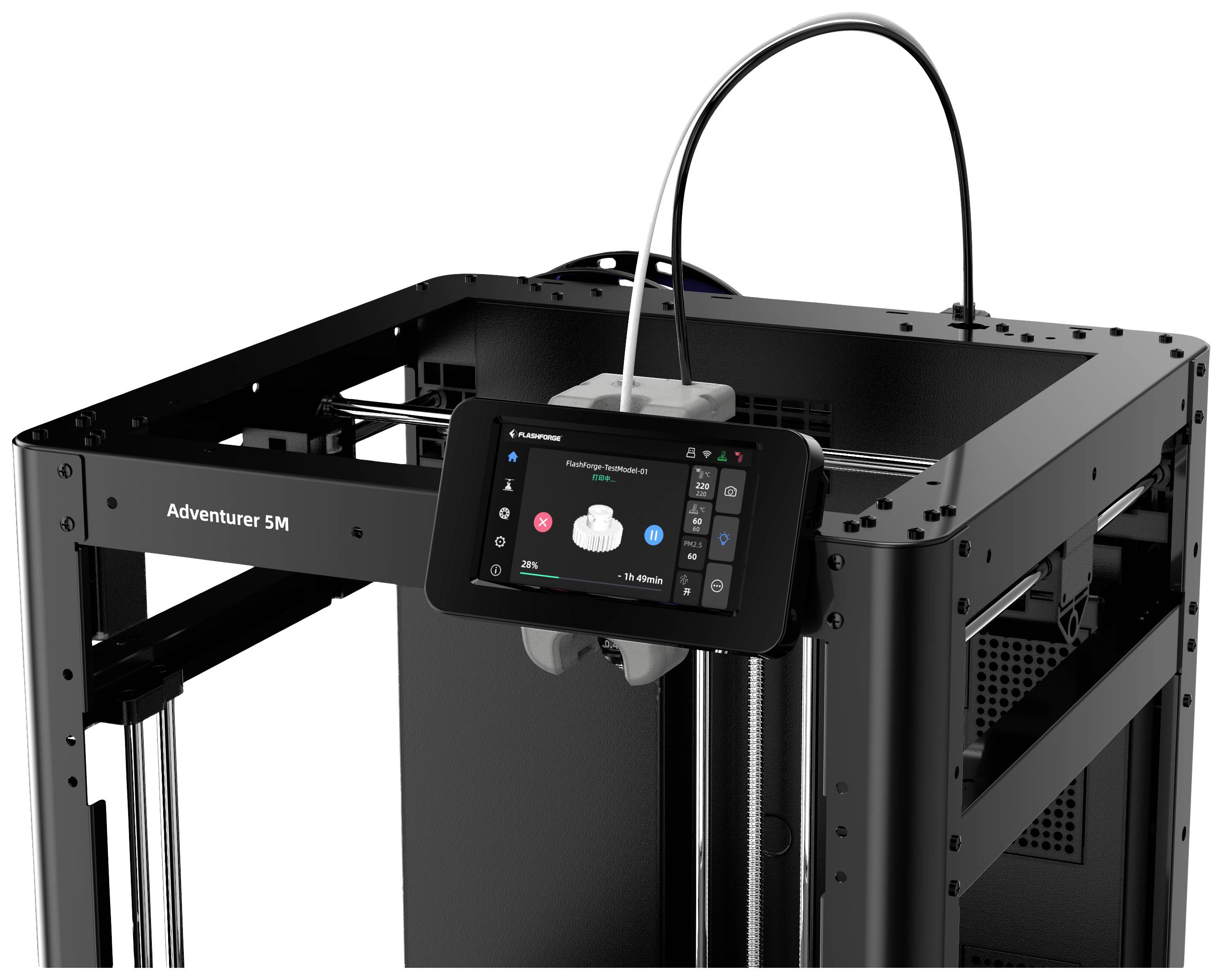 3D-printer 'Adventurer 5M' med skærm viser printproces. Plastiktråd føres oppefra ind i printhovedet. Robust sort kabinet.