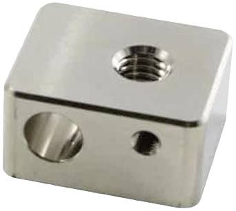 Sølvfarvet metalblok med to boringer og en central gevindboret åbning.