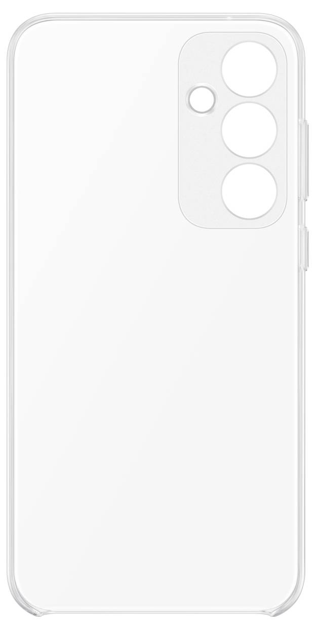 Gennemsigtigt smartphone-etui med udskæringer til tre kameralinser og blitz på bagsiden.