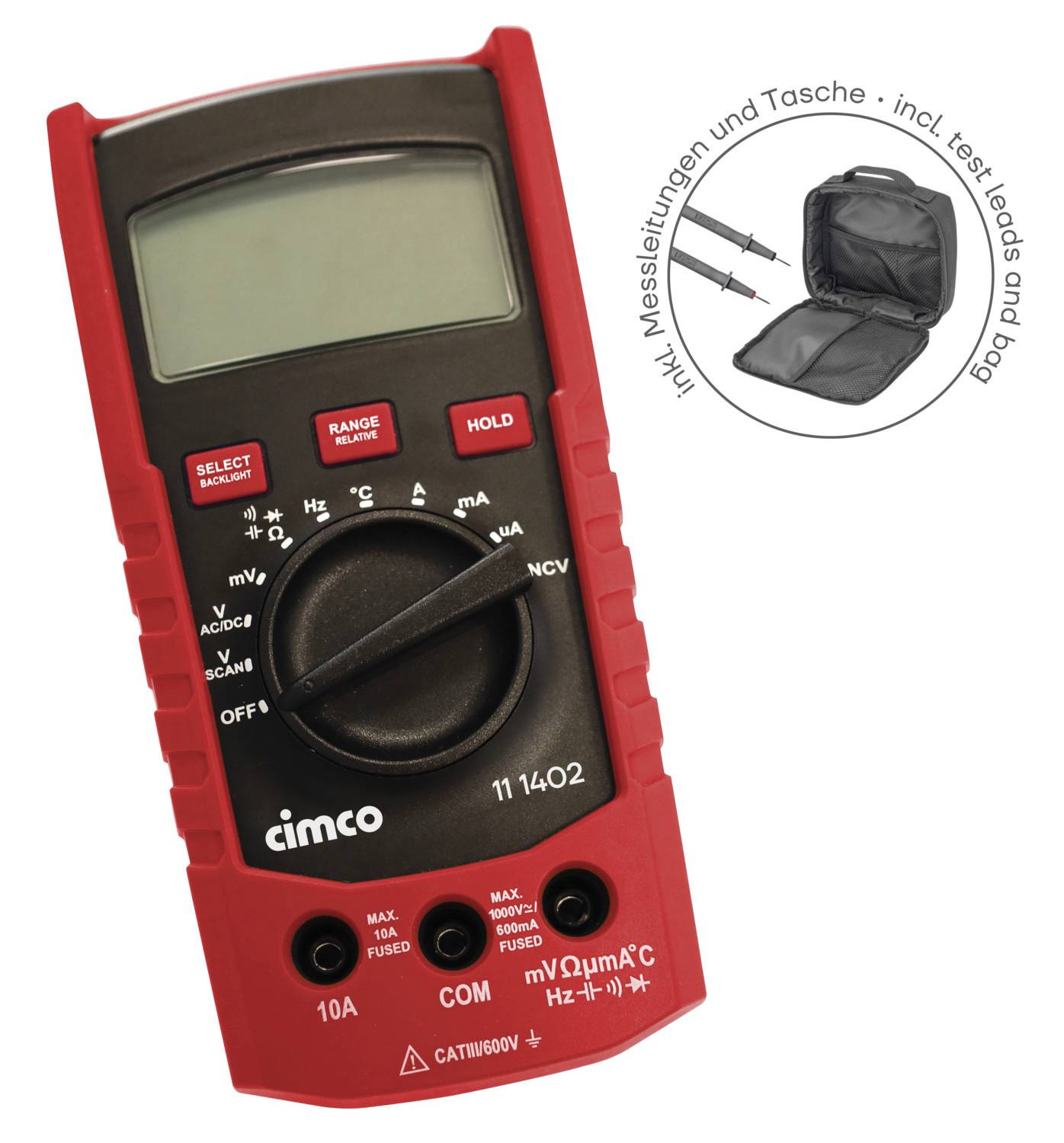 Digitalt multimeter i rød farve med stort display og drejelig vælger til forskellige målingsfunktioner. Inkluderer måleledninger og taske.