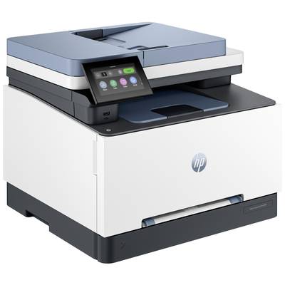 En hvid-blå multifunktionsprinter med touchscreen-display, egnet til udskrivning, scanning, kopiering og fax.