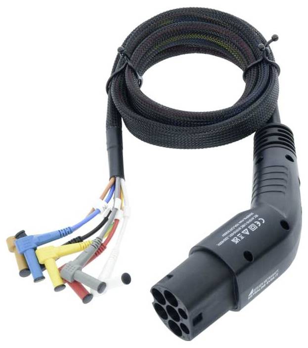 Ladekabeladapter med flere stik til elbiler, der viser forskellige typer stik og en spiralformet kabelkappe.
