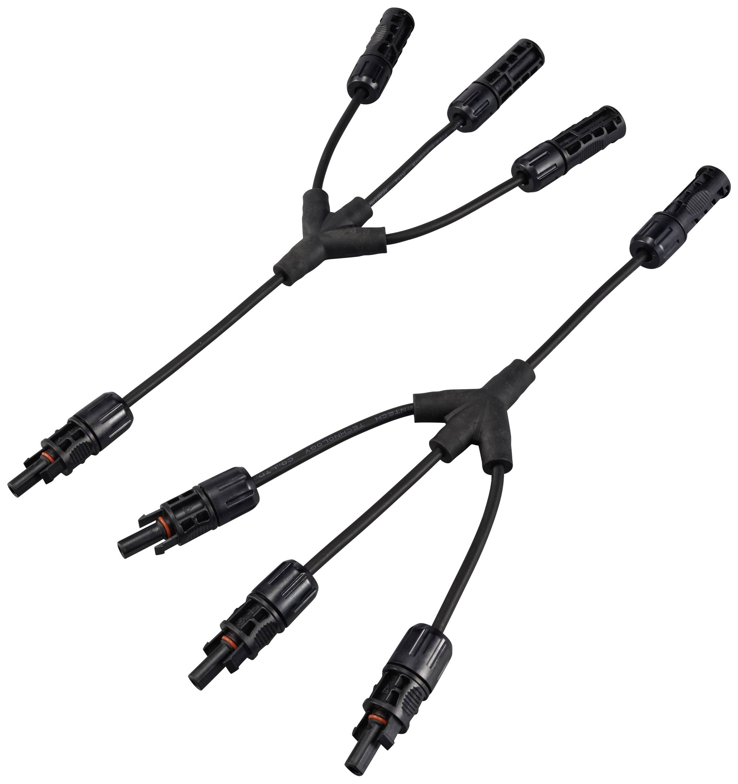 To solsorte kabelforgreninger med stik, som bruges til at forbinde flere solmoduler til en inverter.