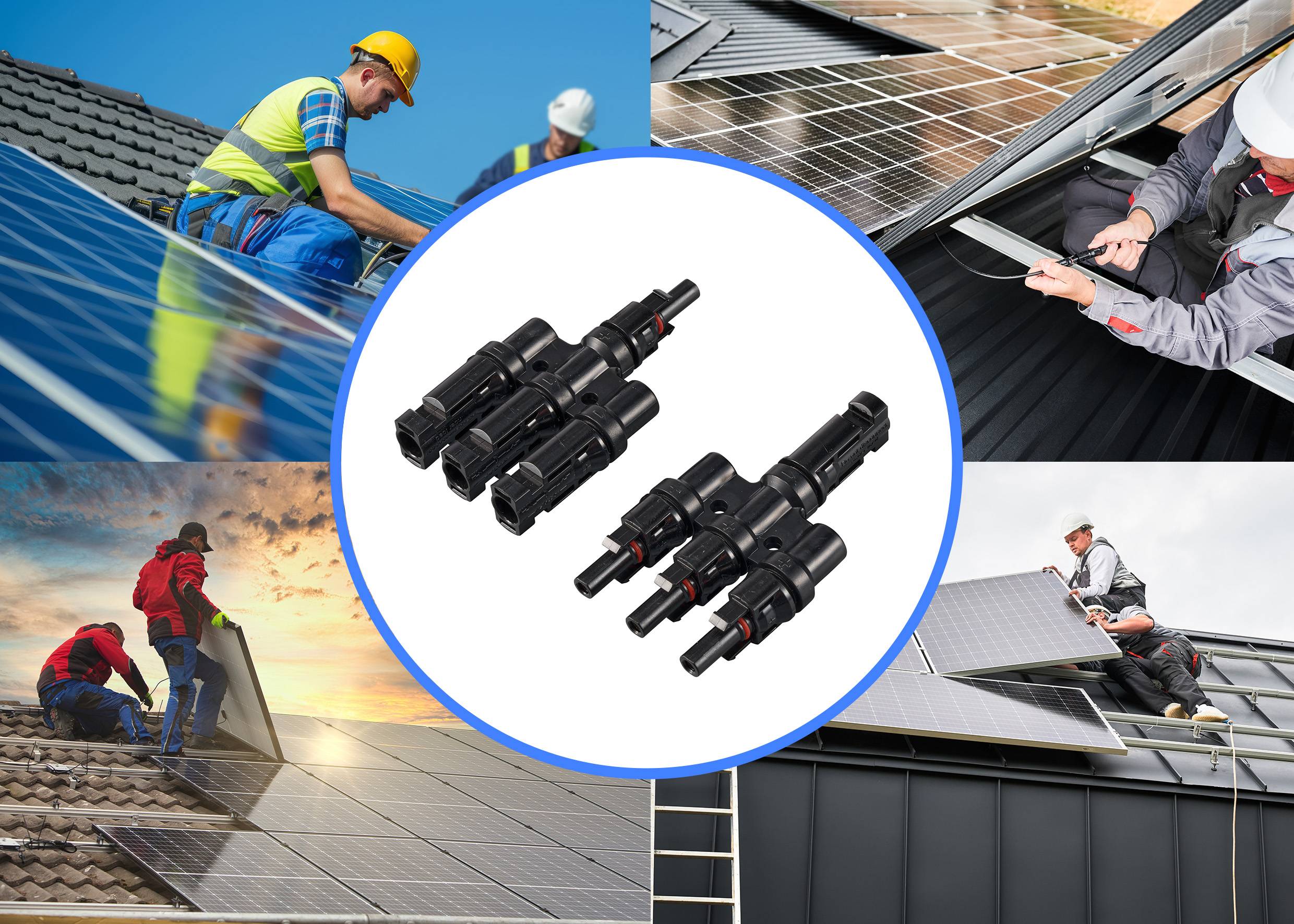Faglærte håndværkere installerer solarpaneler på tage. I centrum ses stikforbindelser til solarsystemer.