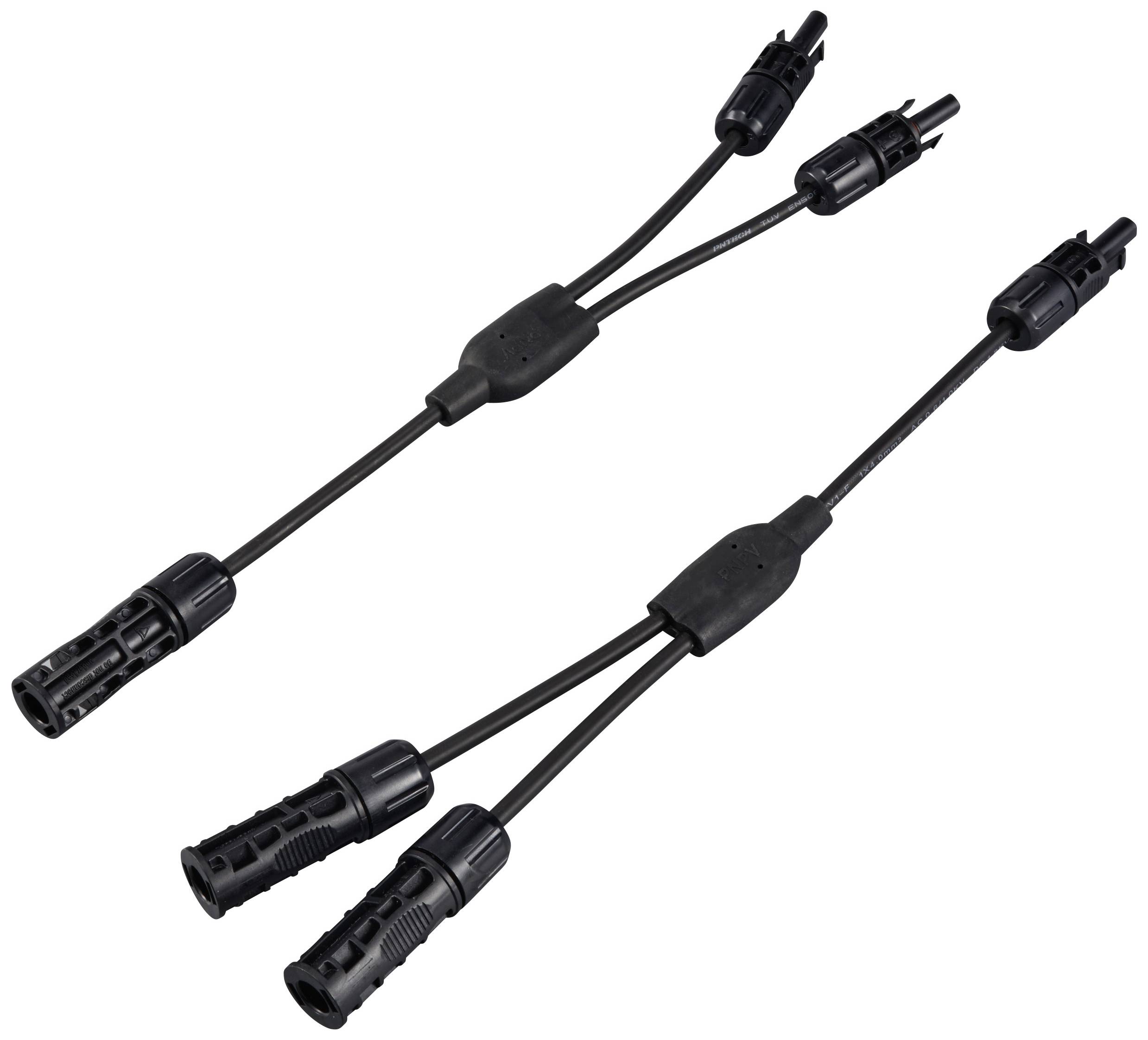 To solsorte Y-adapterkabel med MC4-stik til forbindelse af solmoduler, vist på hvid baggrund.