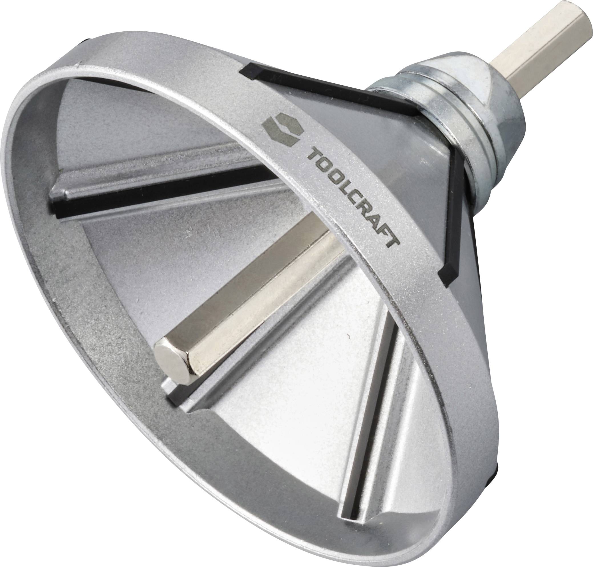 Sølvfarvet forsænker med sekskantskaft og tre skarpe skær. Egnet til afgratning af metal- eller træemner.