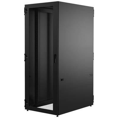 Et sort serverrack med gitterfront og flere håndtag, frittstående på en hvid baggrund. Velegnet til IT-udstyr.