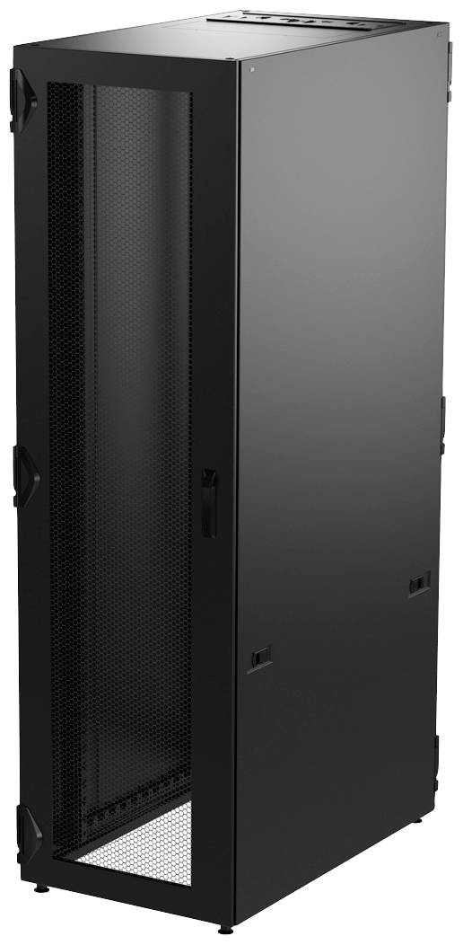 Et sort serverrack-skab med gitterfront, egnet til placering af IT-udstyr og ventilation i datacentre.