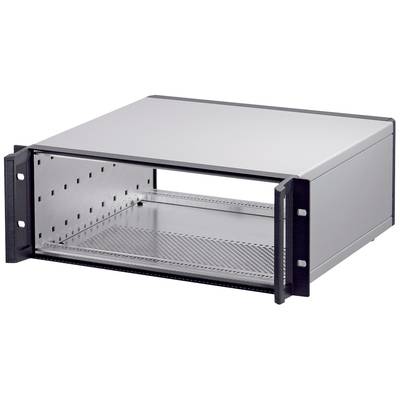 Sort, tomt elektronikkabinet med aftagelige sideplader, egnet til montering af elektroniske komponenter.