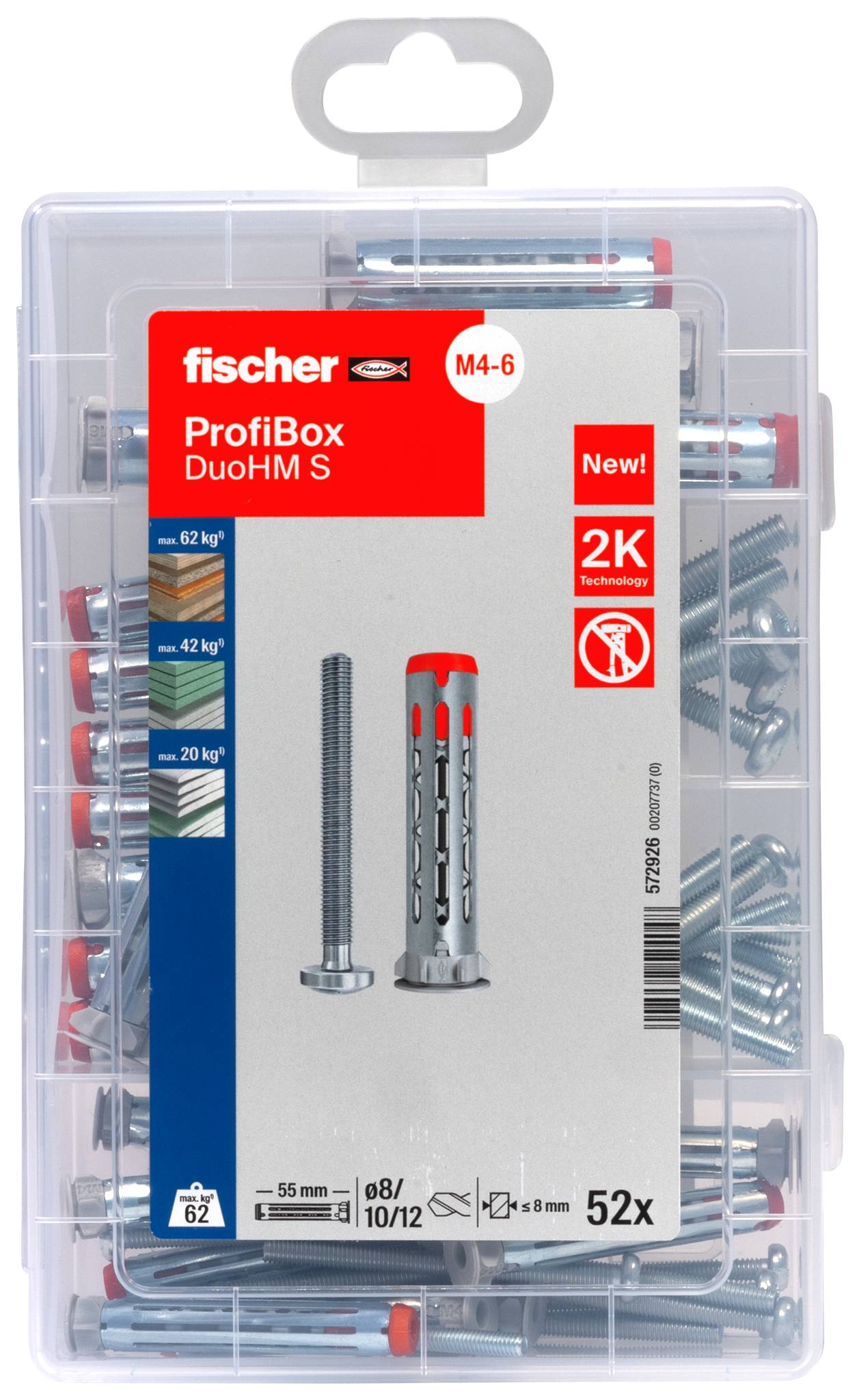 Klar plastikbeholder af Fischer ProfiBox DuoHM S M4-6 ankre, der viser et blandet sæt af vægpløkke og skruer, mærket '2K technology' og '52x'.
