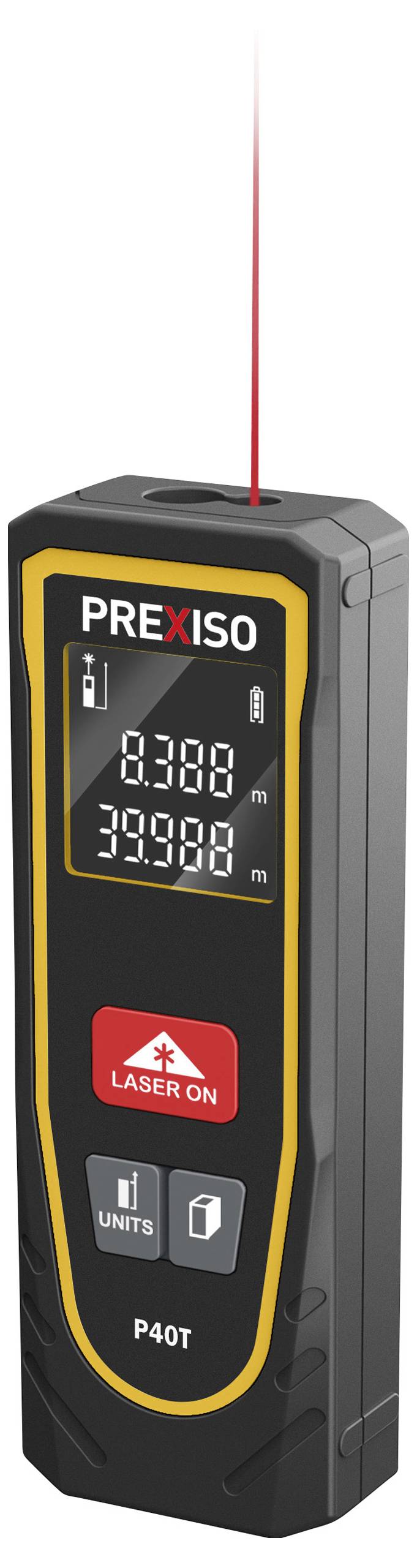 Digitalt laser-afstandsmålingsapparat med displayvisning, viser målinger i meter. Enheden er sort med gule accenter.