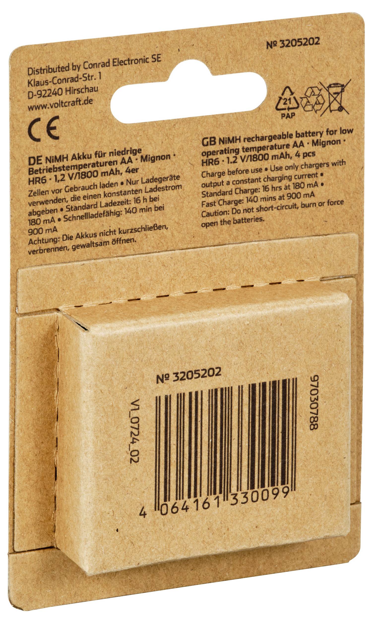 Emballage til et genopladeligt batteri. Indeholder detaljer om distribution gennem Conrad Electronic SE og oplysninger om batteriet.