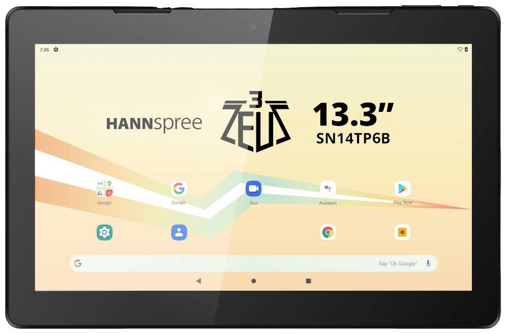 Tablet med stor skærm viser startskærm med app-ikoner. Øverst står der 'Hannspree Zeus 13.3" SN14TP6B'.