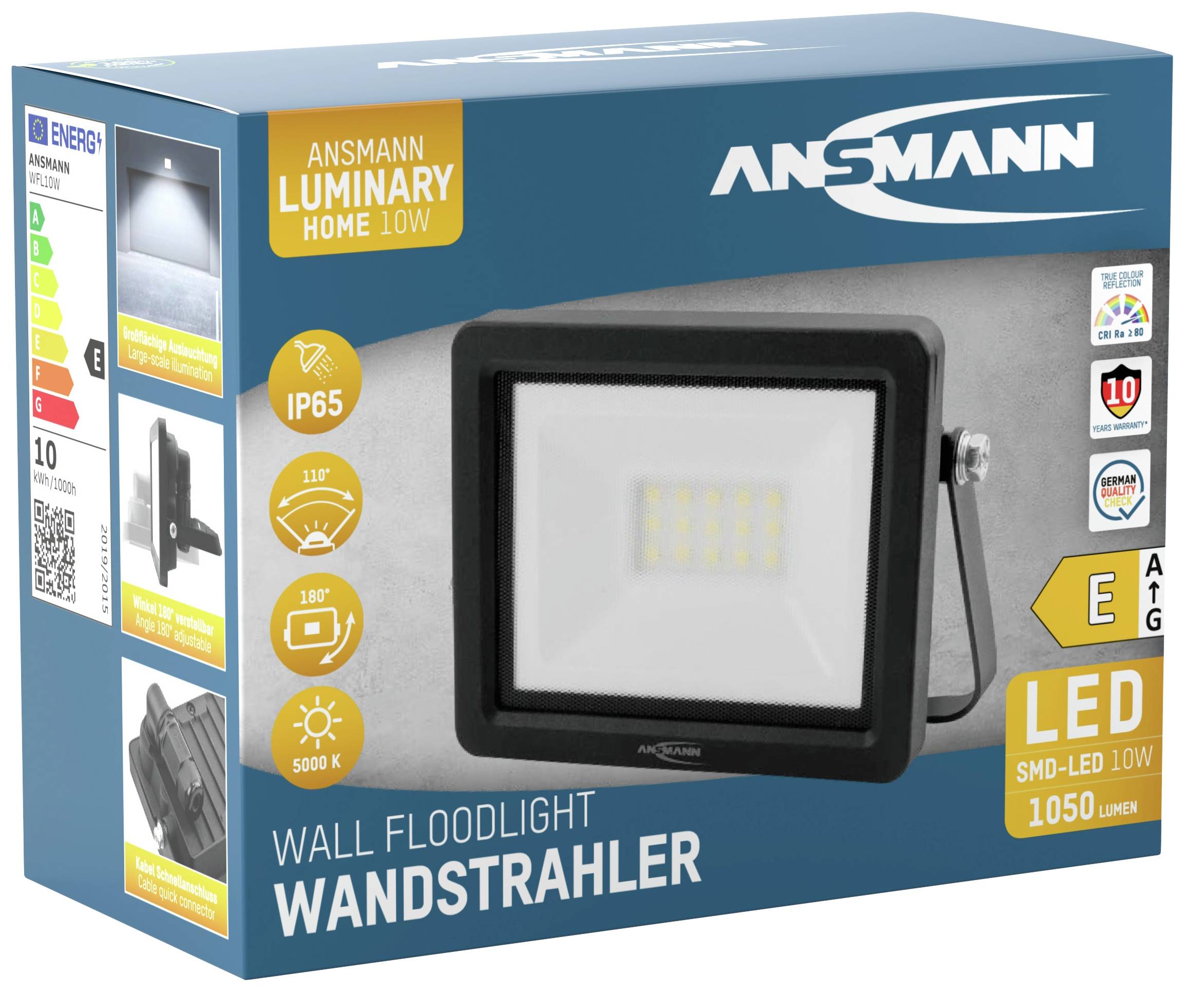 Emballage til en LED-væglampe med 10W effekt, 1050 lumen. Energiklasse E, vandtæt (IP65), lysfarve 5000K, mærke Ansmann.