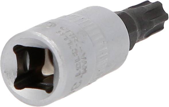 Topnøgle med bitindsats og Torx-bit, typisk brugt til bilreparationer. Metaldesign med sekskant-åbning.