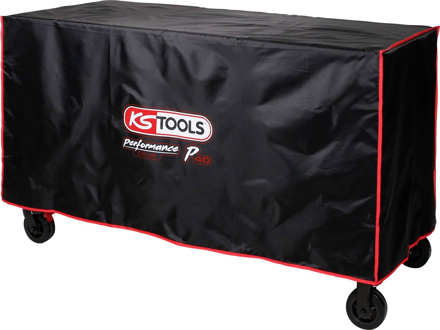Beskyttelsescover til værktøjsvogn, sort med røde kanter, påsat logoet 'KS Tools Performance Plus P.40', monteret på hjul.