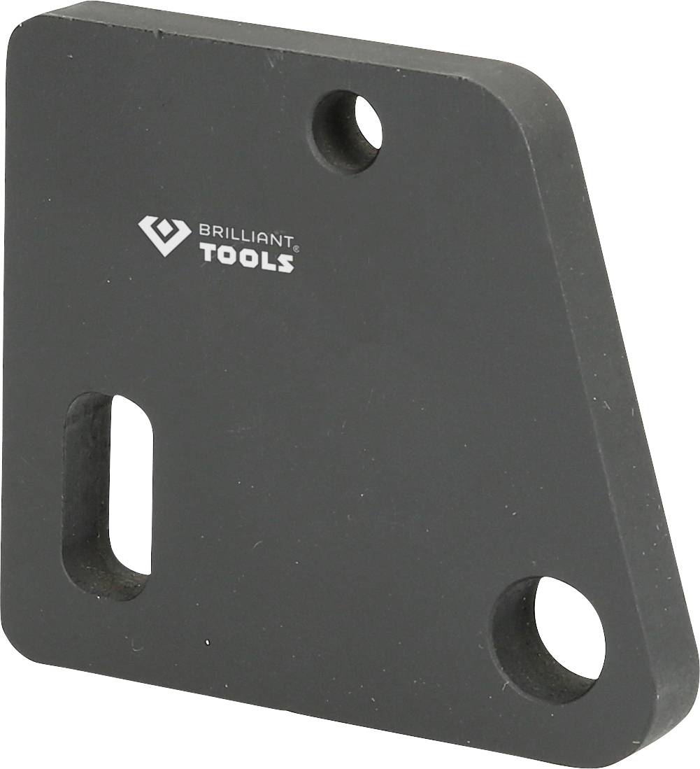 Et sort metalstykke med tre huller og logoet 'BRILLIANT TOOLS'. Delen har en rektangulær form med en afrundet hjørne.