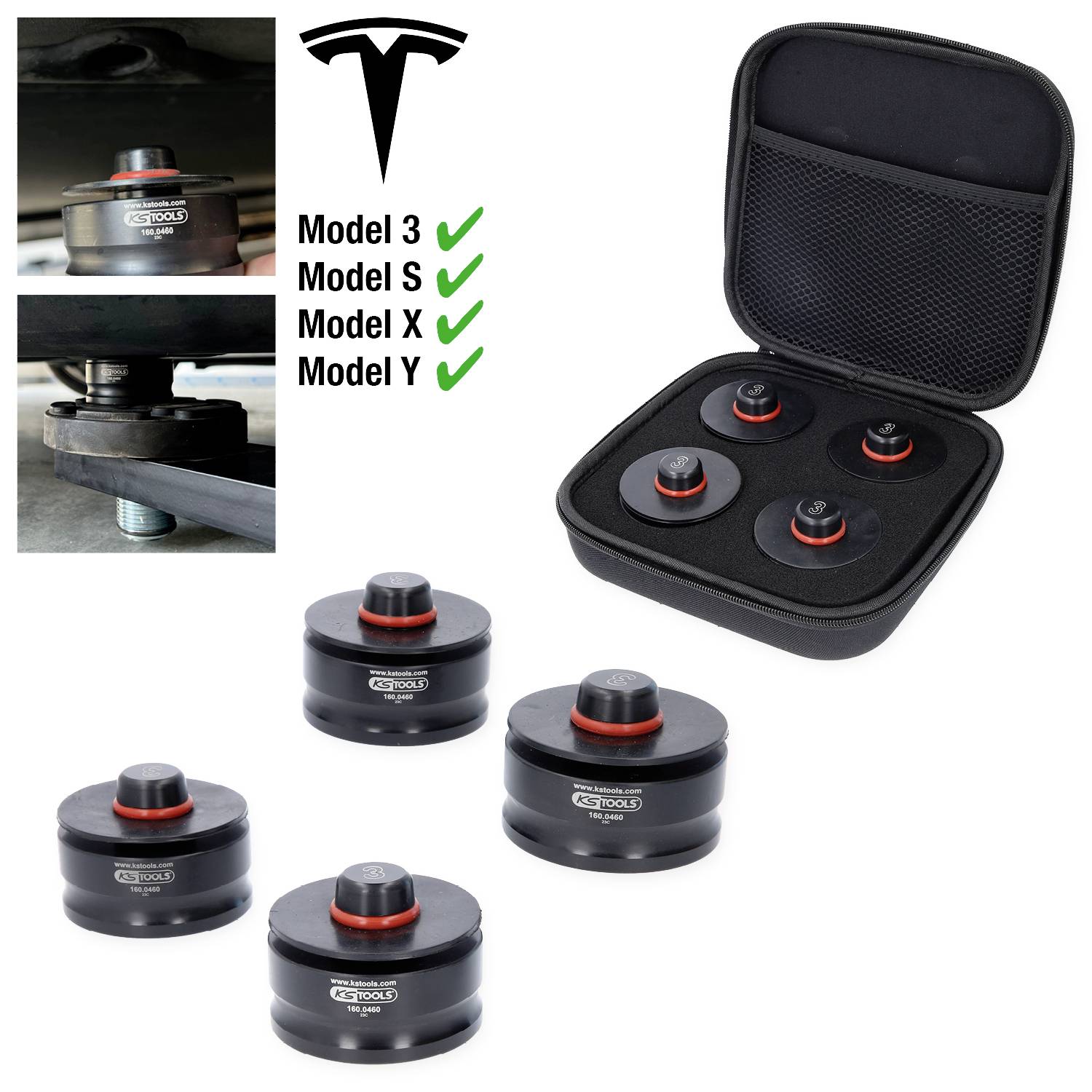 Donkraft med fire løftepunkter til Tesla, kompatibel med Model 3, S, X, Y. Detaljerede visninger viser korrekt montering af løftebeslagene.