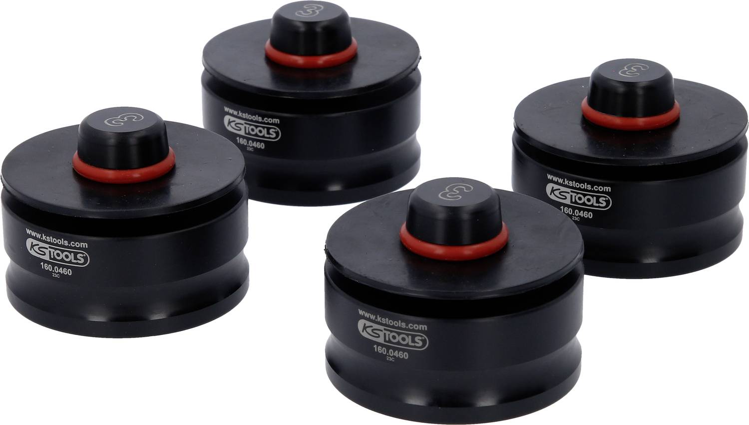 Fire sorte, cylinderformede adaptere med røde ringe og KS Tools-logo, set fra siden.