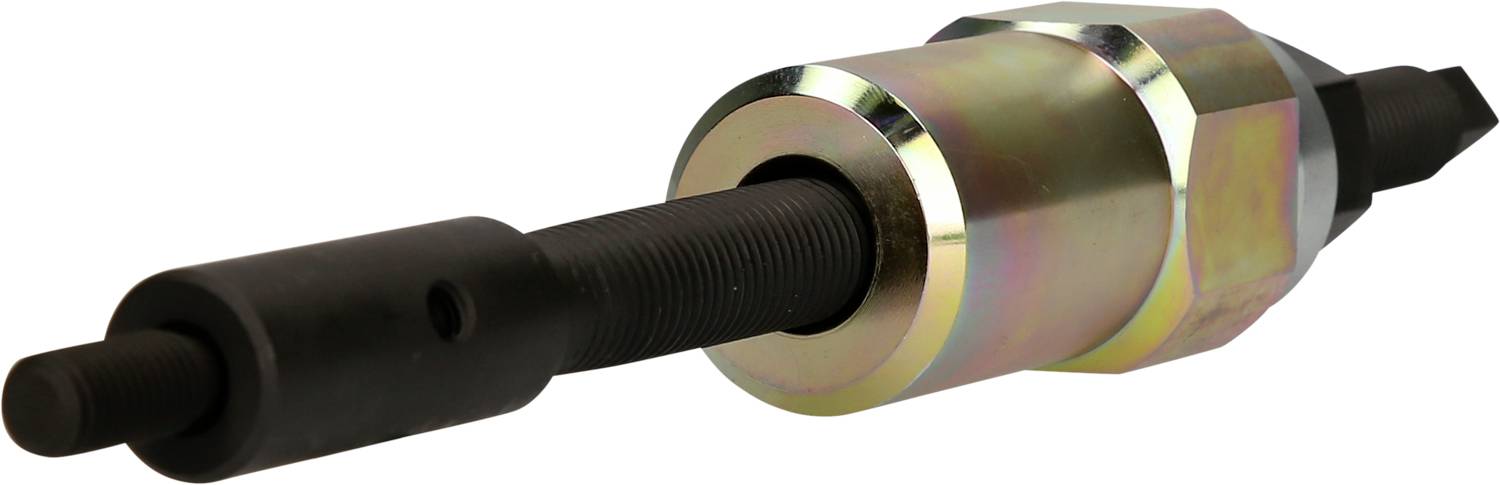 En sort metalbolts med en cylindrisk, blank top, som ser ud som et værktøj til metalforarbejdning.
