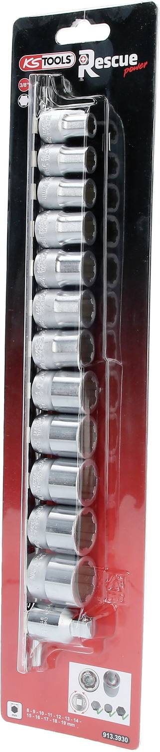KS Tools redningskraft skruetrækker-sæt i plastikemballage, indeholder 13 sølvfarvede topnøgler i forskellige størrelser.