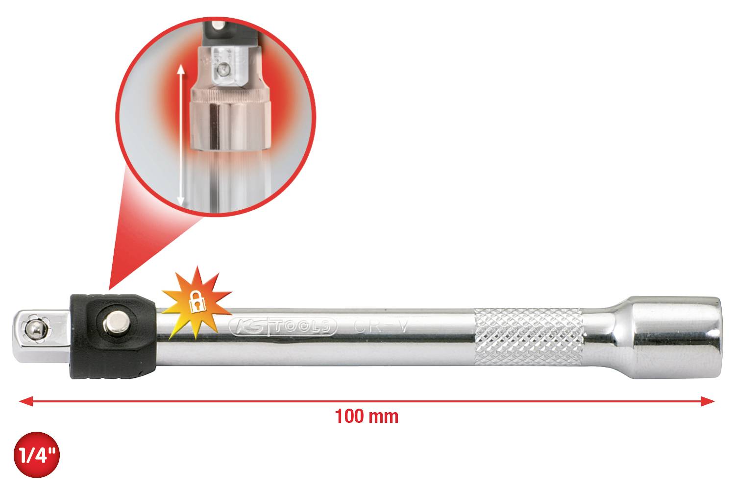 Forlængerarm til topnøgle med låsemekanisme, længde 100 mm, 1/4" størrelse. Forstørret detaljeret visning af låsemekanismen.