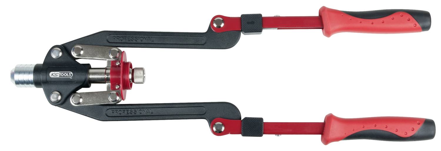 En popnittang med sorte og røde greb, egnet til montering af blinde nitter.