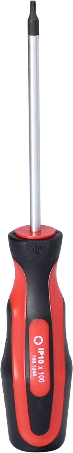 En rød og sort skruetrækker med ergonomisk greb og fladt hoved. Egnet til generelle reparationer.