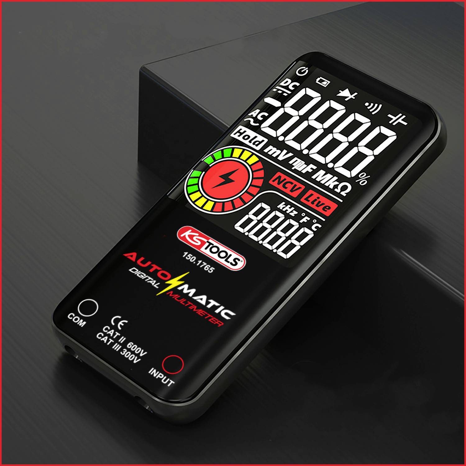 Digitalt multimeter med stort LCD-display, viser AC/DC-måleværdier, spænding og mV. Inkluderer knapper til dataholdelse og skift mellem forskellige målemodi.