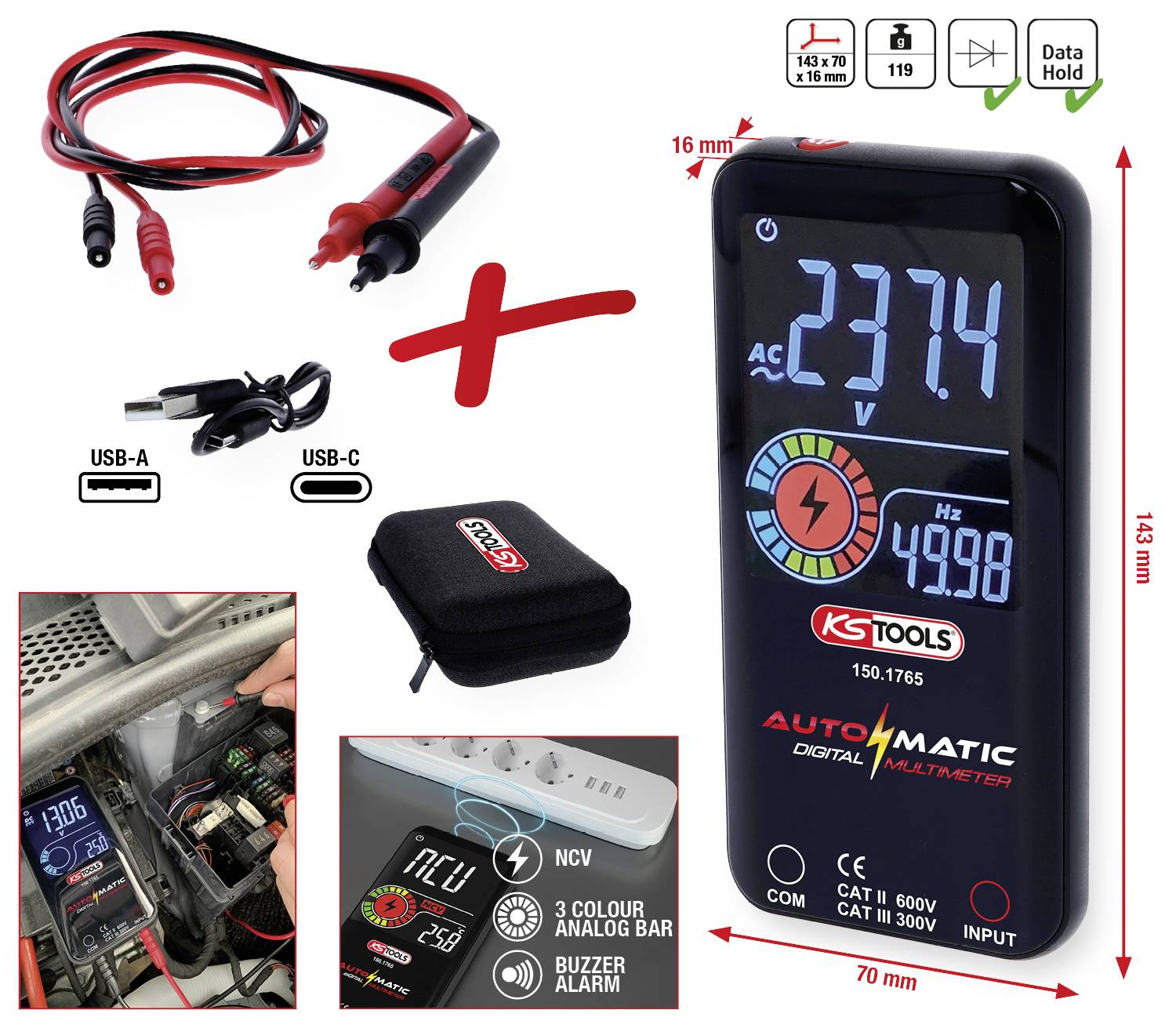 Digitalt multimeter fra KS Tools med stort display, viser 237,4 V AC og 49,98 Hz. Inkluderer USB-A og USB-C-stik, måleledninger og etui.