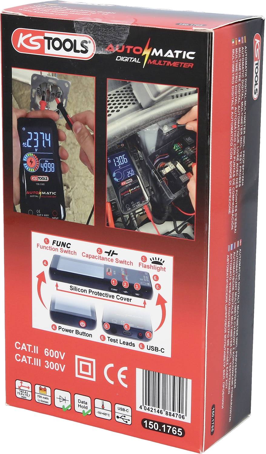 Emballage til et digitalt multimeter fra KS Tools. Viser funktioner som spændingsmåling og kapacitetstests med betjeningsvejledning.