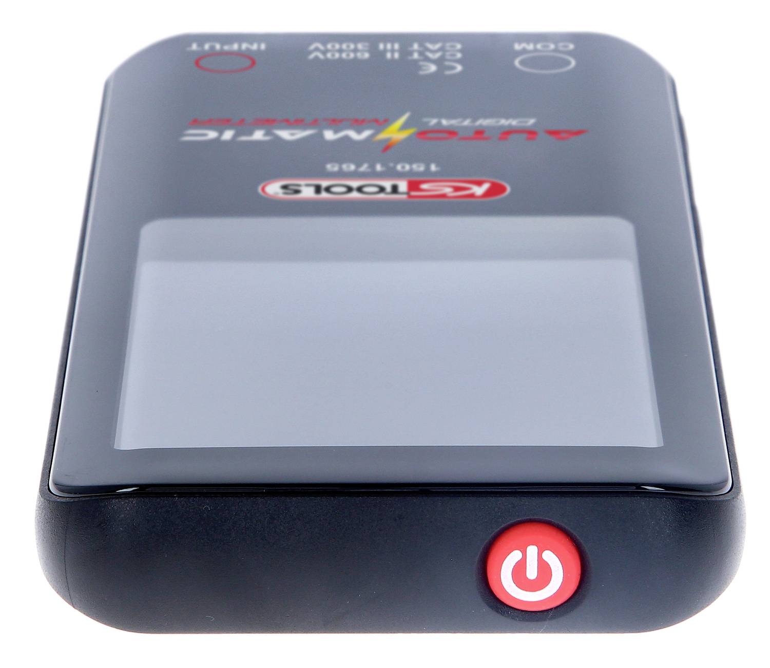 Digitalt batteriladeapparat med rød tænd/sluk-knap og LED-display, produktnavn "Automatic Charger".