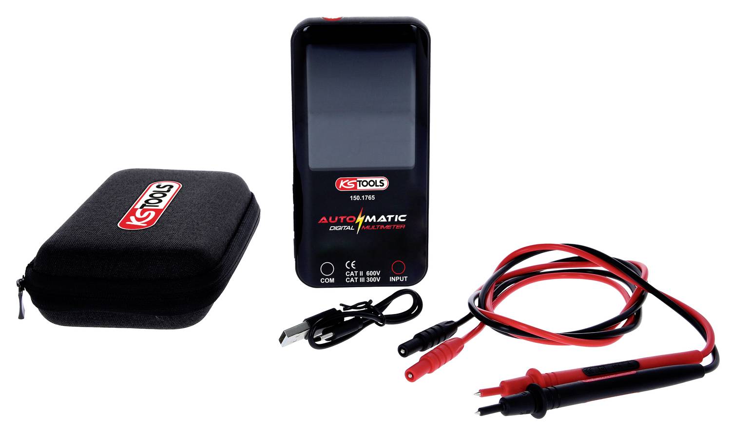Digitalt multimeter med tilbehør: to målekabler og en beskyttende transporttaske med mærkelogo.